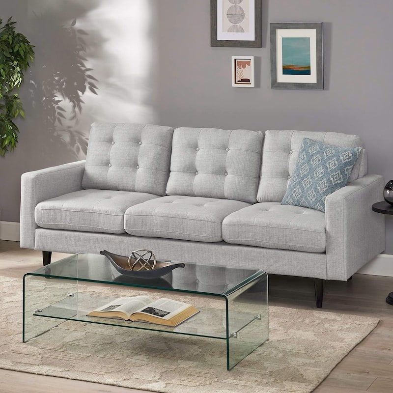 Button Tufted 3-seater Sofa with Birch Wood Legs - Light Grey