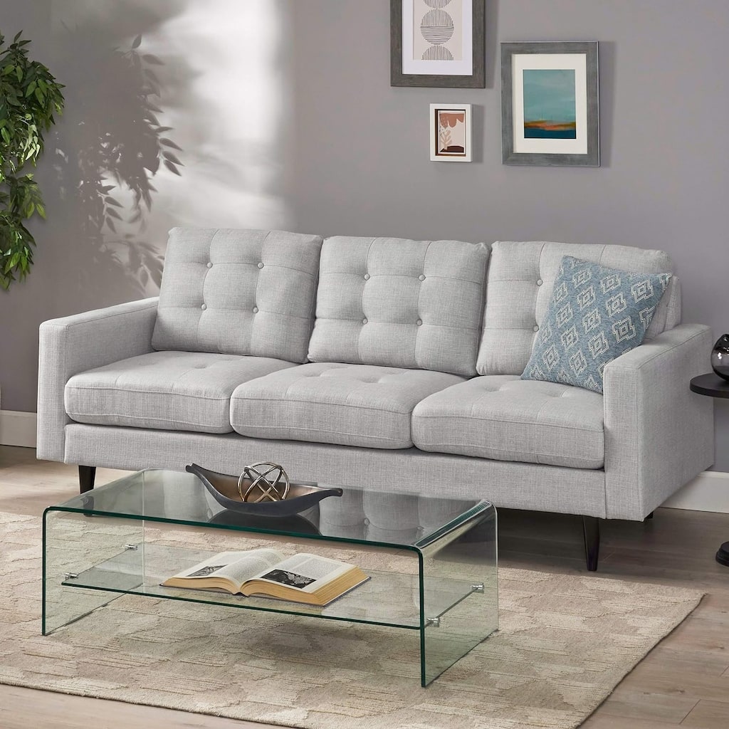 Contemporary Tufted Fabric 3-Seater Sofa in Light Grey
