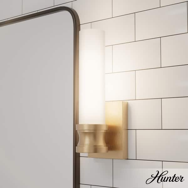 slide 2 of 9, Hunter Lenlock 1 Light Wall Sconce - Glam, Contemporary - Damp Rated! Alturas Gold - White glass