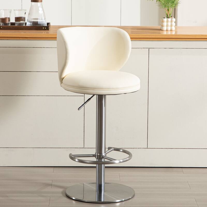 Modern Swivel Bar Stool, White Leather with Titanium Stainless Steel Frame & Adjustable Height