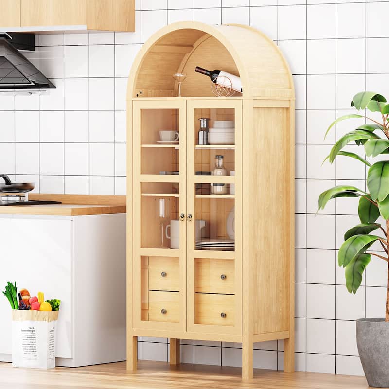 Modern Arched Cabinet with Glass Doors,72" Tall Arch Storage Cabinet with Height Adjustable Shelf and 2 Drawers Bookshelf
