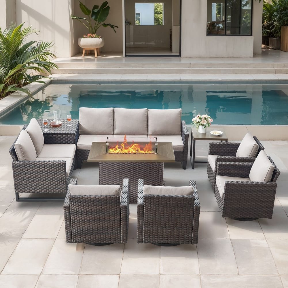 Gymojoy 9 Piece Wicker Outdoor Patio U-shaped feet Conversation Set Group , Include Fire Pit Table