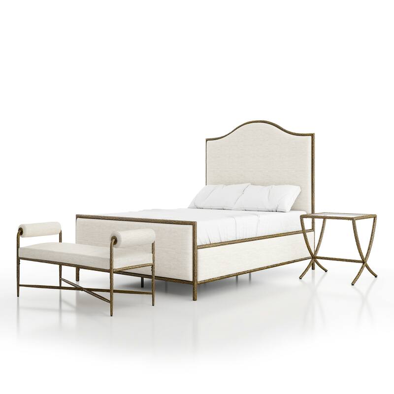 247 Shop At Home Lalia Modern 3-Piece Upholstered Hammered Metal Camelback Bedroom Set with Nightstand and Bench - Matte Gold - Full