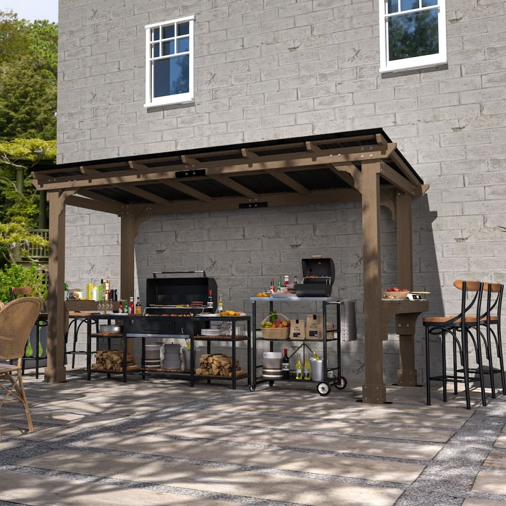 VEIKOUS Wood BBQ Grill Gazebo with Steel Roof for Patio Garden Backyard and Lawn