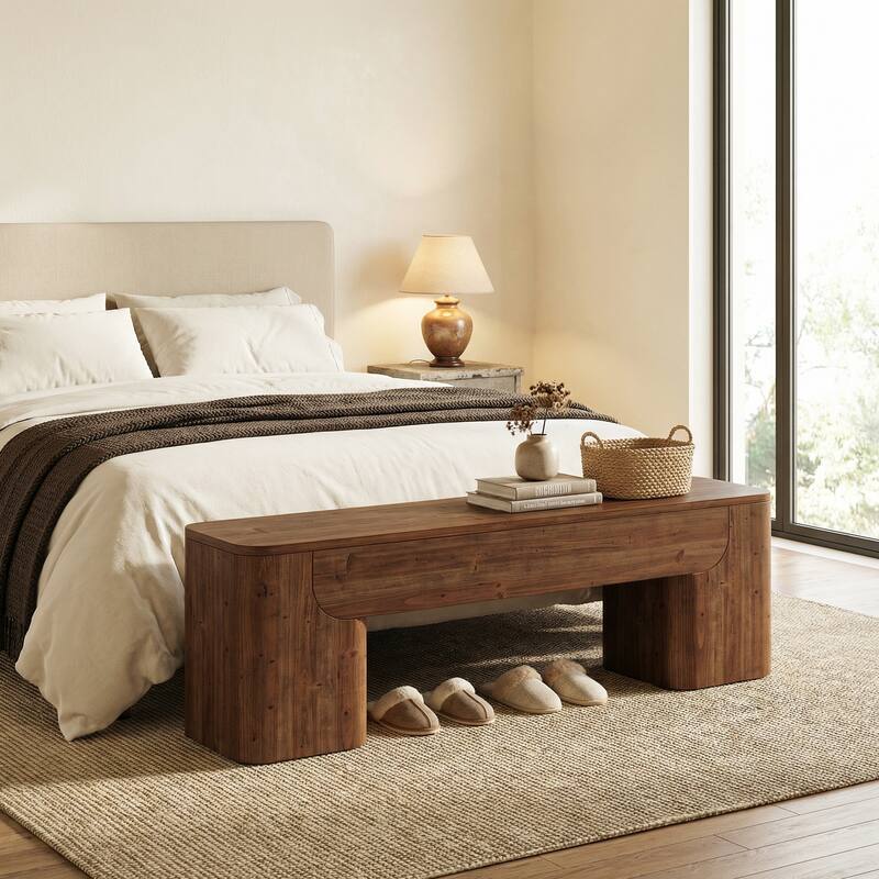 Solid Wood Bench with Sturdy Legs, 59" Rustic Entryway Bench