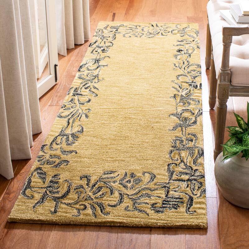 SAFAVIEH Handmade Soho Louisa Floral N.Z. Wool Rug - 2'6" x 8' Runner - Gold/Black