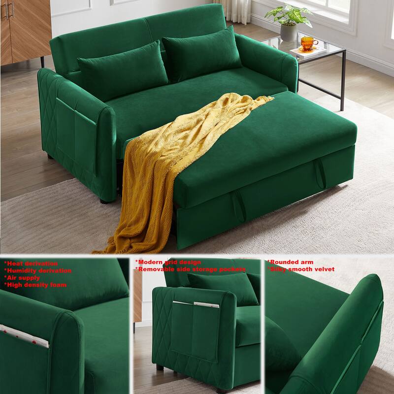 59.5" Modern Convertible Sofa Bed with 2 Detachable Arm Pockets, Velvet Loveseat Sofa with Pull Out Bed