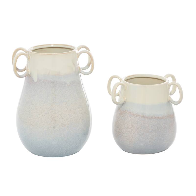 White Ceramic Decorative Vase with Handles (Set of 2) - 10 x 9 x 12