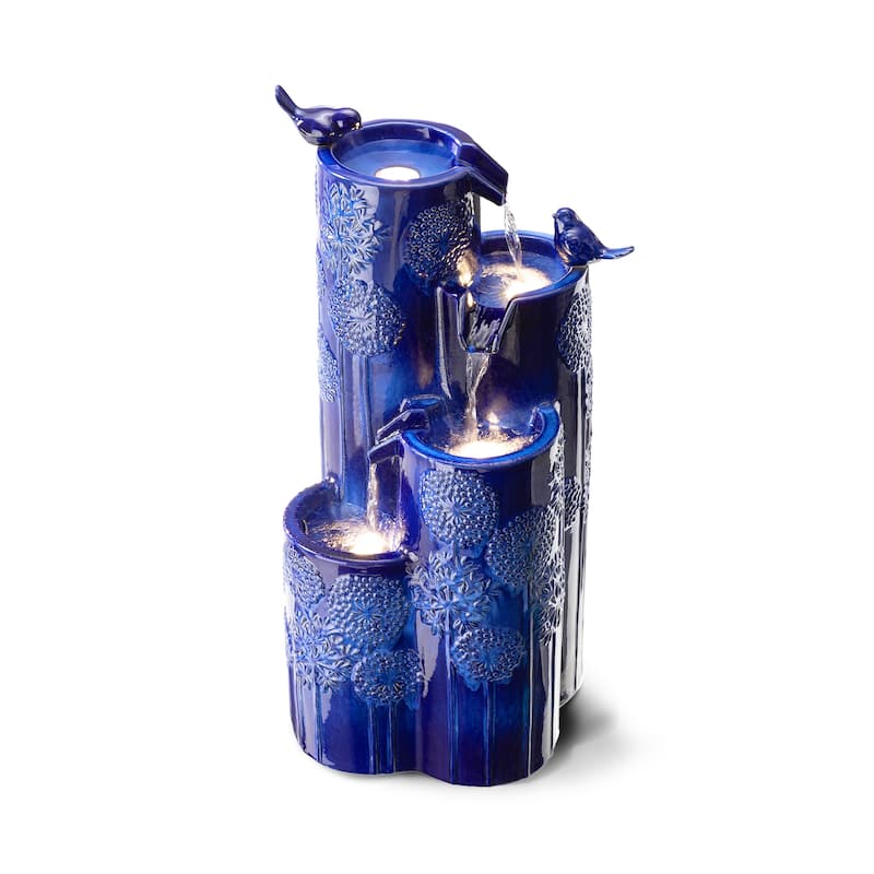 Glitzhome 31.75"H 4-Tier LED Vase-Shaped Ceramic Outdoor Floor Fountain with Birds/ Lotus