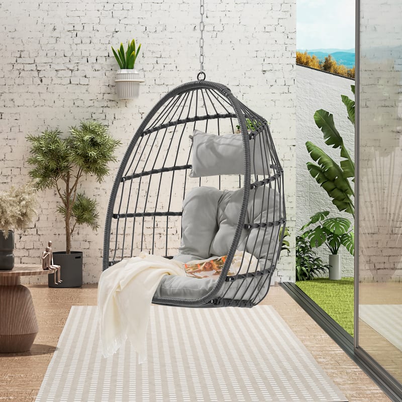 Handwoven Rattan Swing Chair Basket Chair Hammock Chair, Outdoor Hanging Egg Chair with Waterproof Cushion