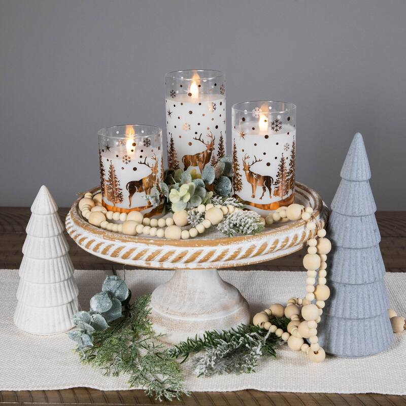 LED Flameless Flickering Woodland Glass Pillar Christmas Candles - 6" - Set of 3