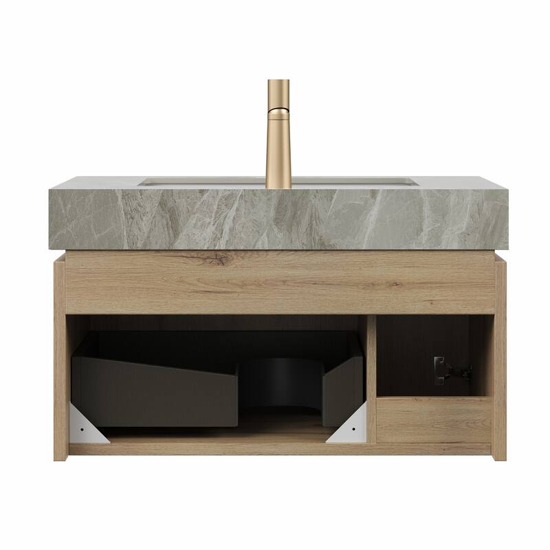 30"/36"/48" Wall-Mounted Bathroom Vanity with Ceramic Sink, Sintered Stone Countertop Floating Bathroom Storage Cabinet