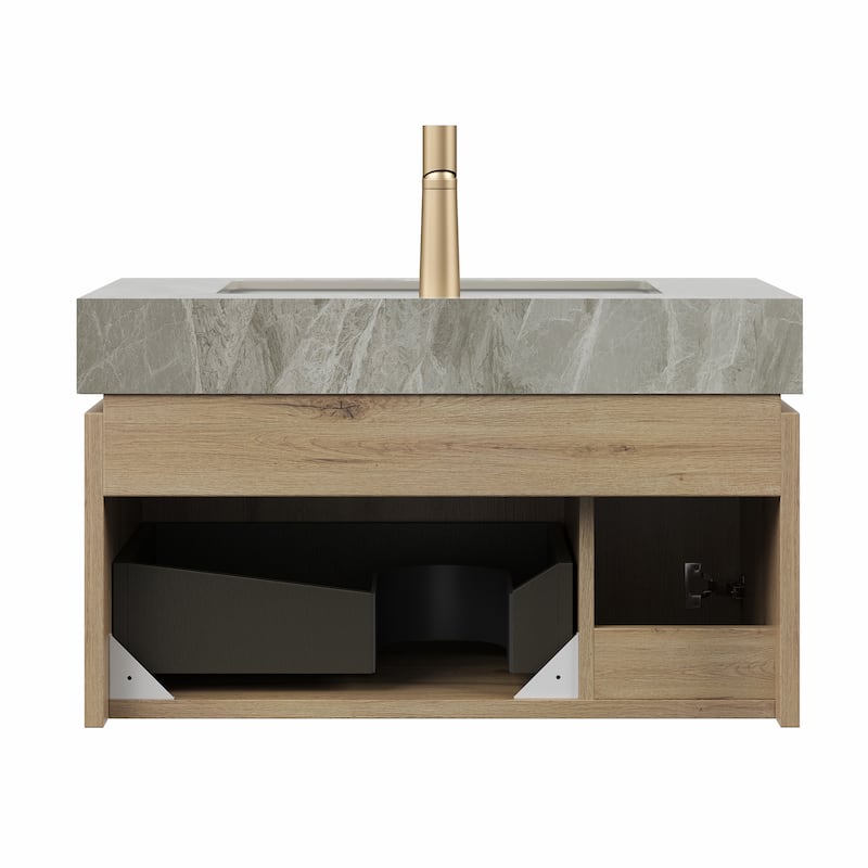 GDFStudio - Muri Modern 30" Floating Bathroom Vanity, Light Gray Sintered Stone Countertop with Ceramic Basin, WITHOUT Faucet