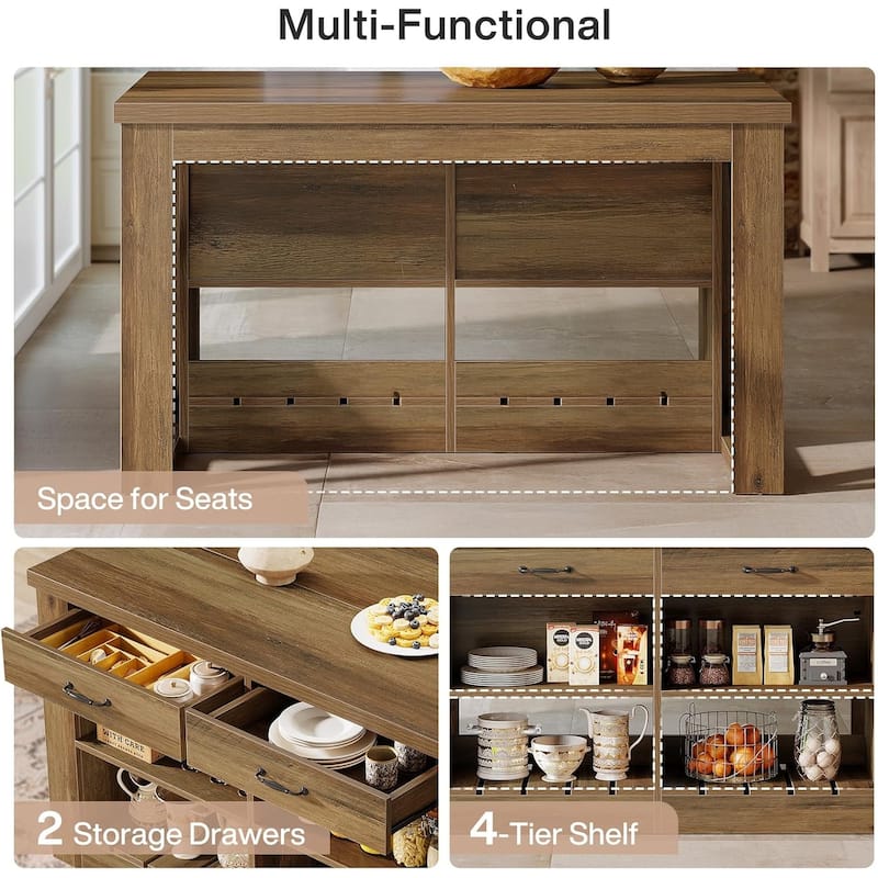 55-inch Kitchen Island with 2 Drawers and Open Shelf, Wooden Farmhouse Bar Table