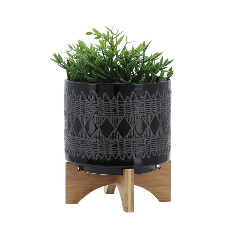 8-inch Ceramic Planter on Wooden Stand