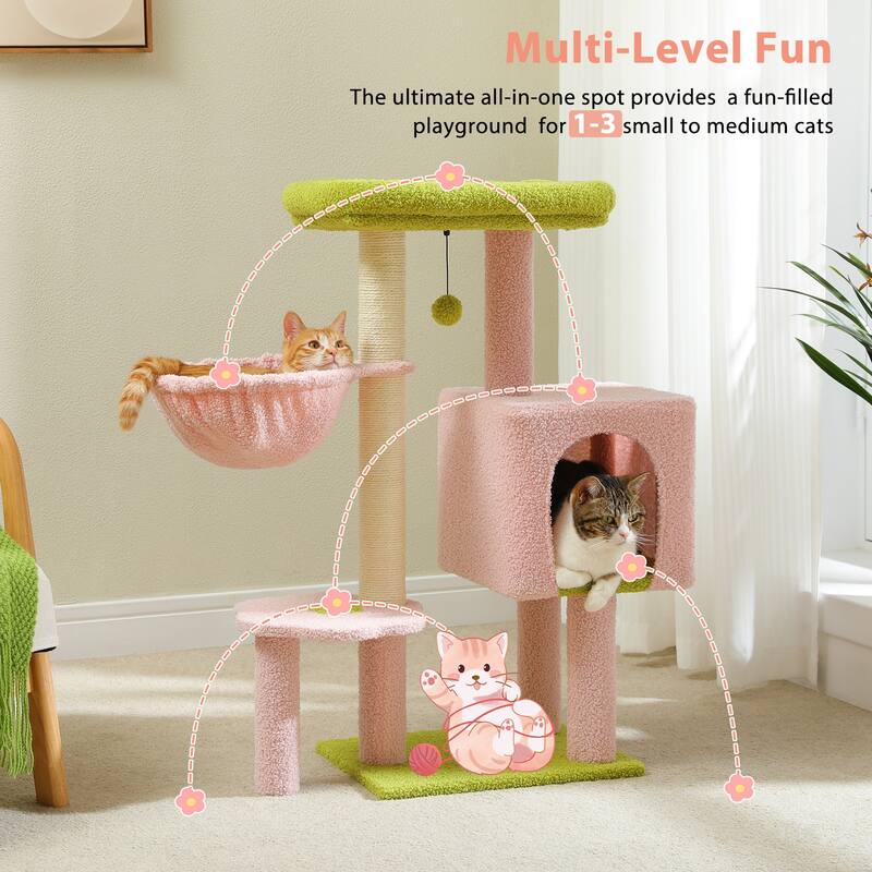 Cat Tree Tower w/Sisal Scratching Post, Condo, Large Top Perch, Hammock & 2 Dangling Balls