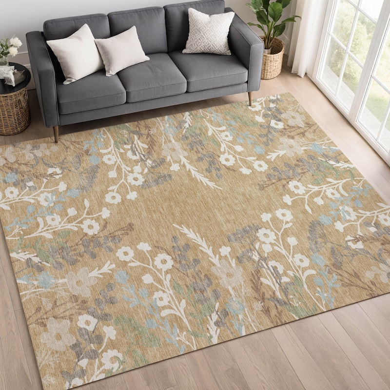 Machine Washable Indoor/ Outdoor Floral Border Chantille Rug