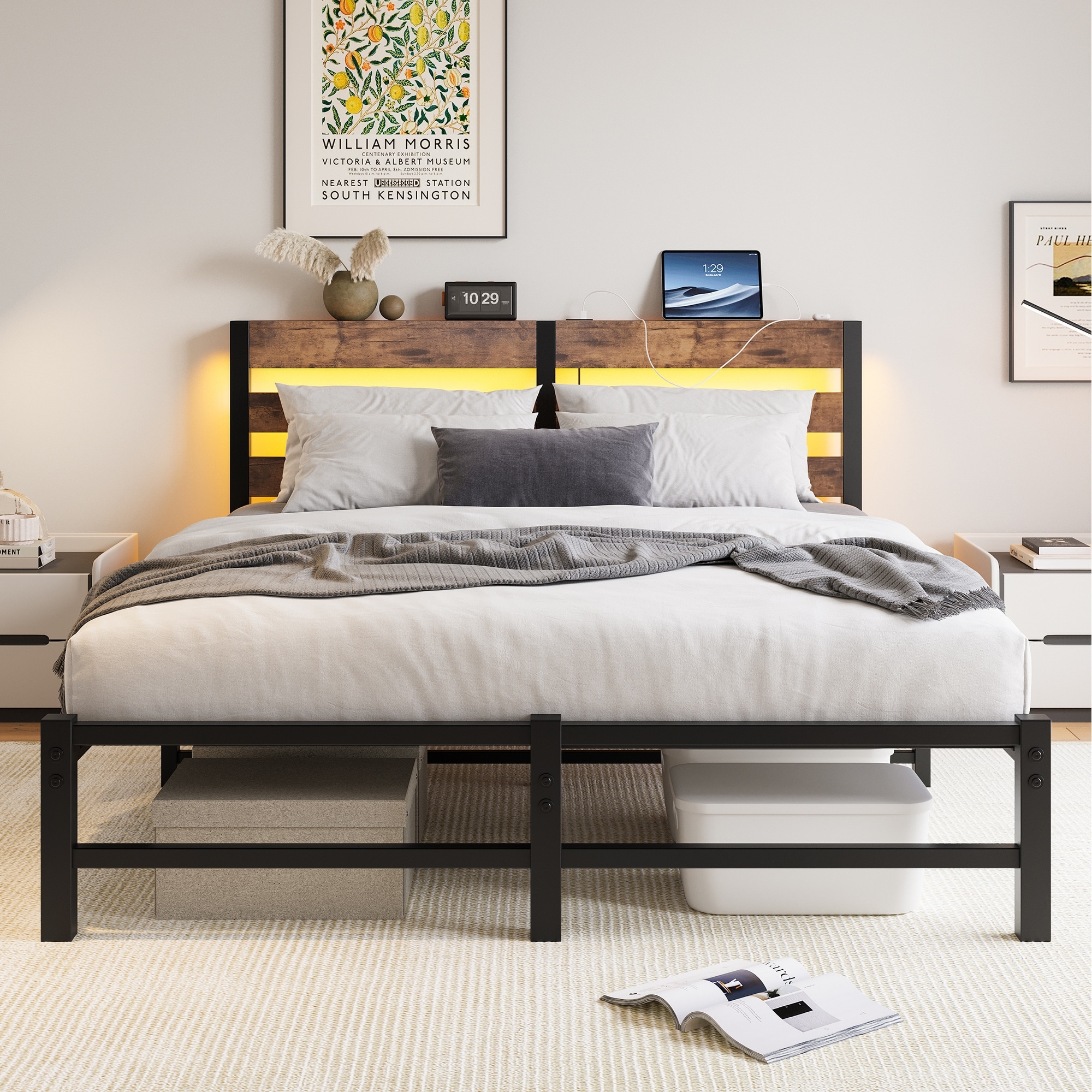 Contemporary Style Queen Size Multi-functional LED Metal Bed Frame,