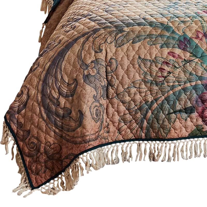 2 Piece Twin Size Quilt Set, Floral Print, Crochet Trim, Multicolor