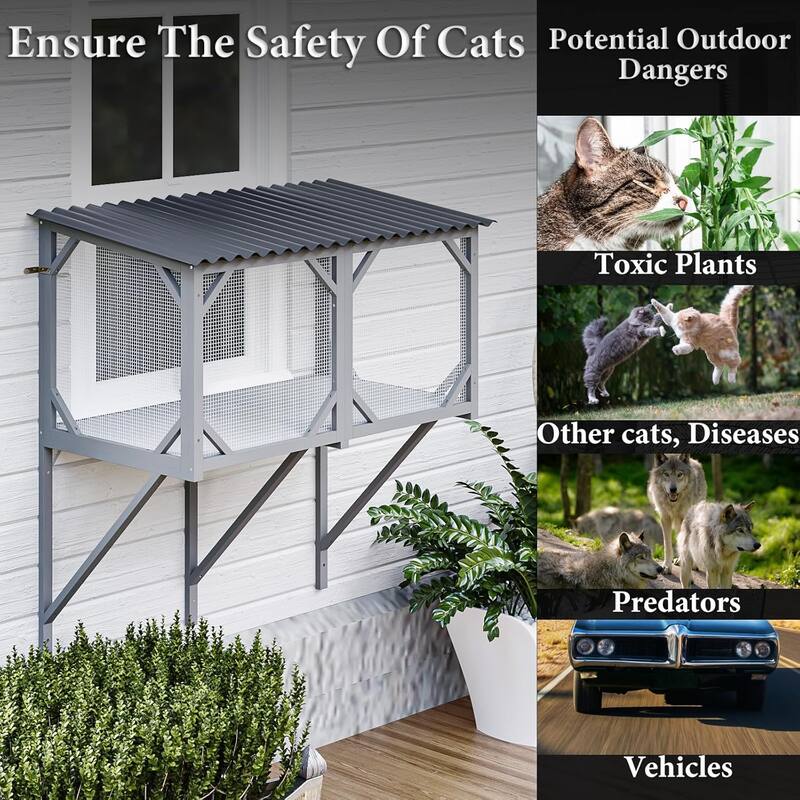 BOSSIN 47.2" All-Weather Window Cat Enclosure- Outdoor Window Perch for Large Cats, Sunbathing & Observation Platform
