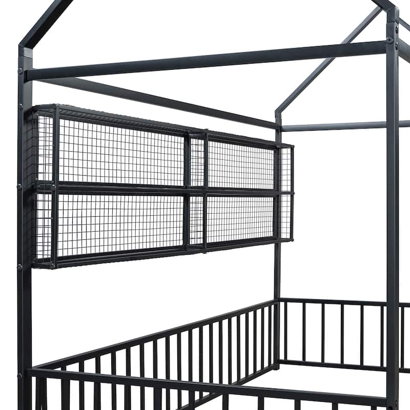 Twin Metal House Bed Frame with Storage Shelves & Fence