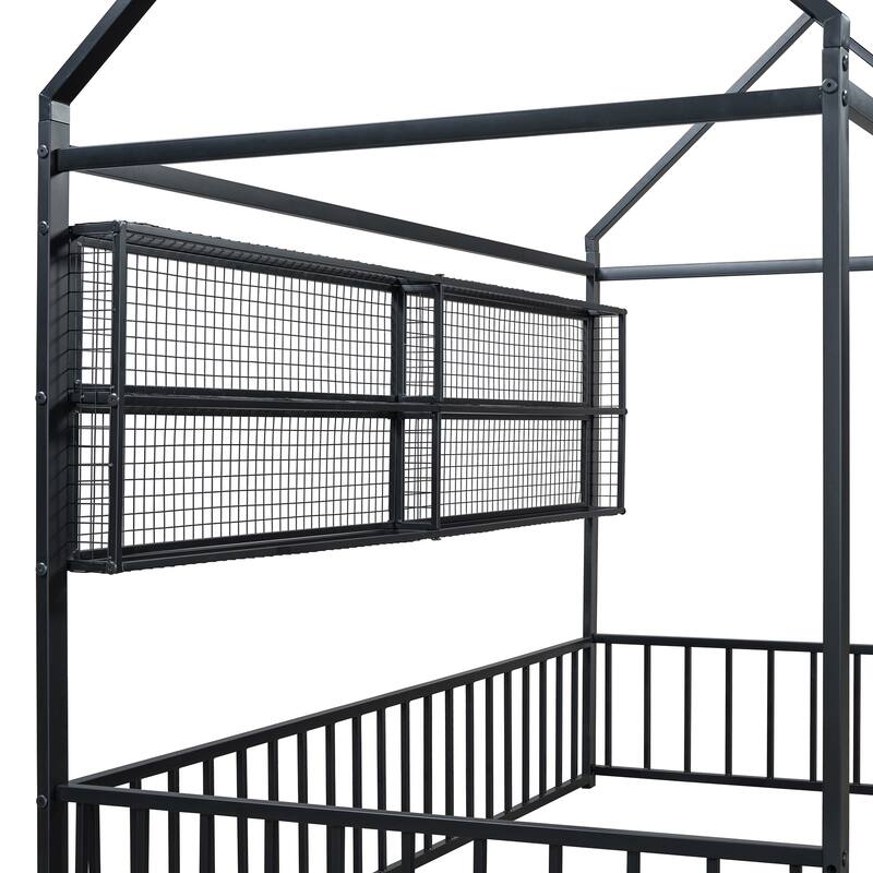 Twin Size Metal House Bed Frame with Playful Design, Fence, and Four Convenient Storage Shelves for Kids' Rooms