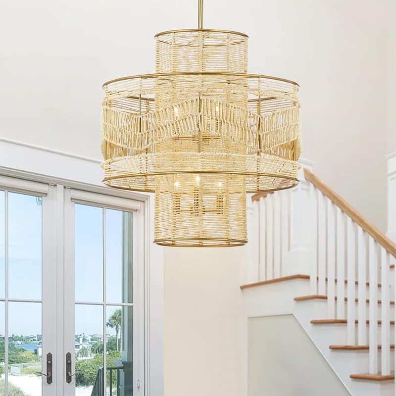 KAWOTI 6-Light Gold Tiered Chandelier Pendant Light with Rattan Shade - 26 '' L x 26'' W x 47.75'' H