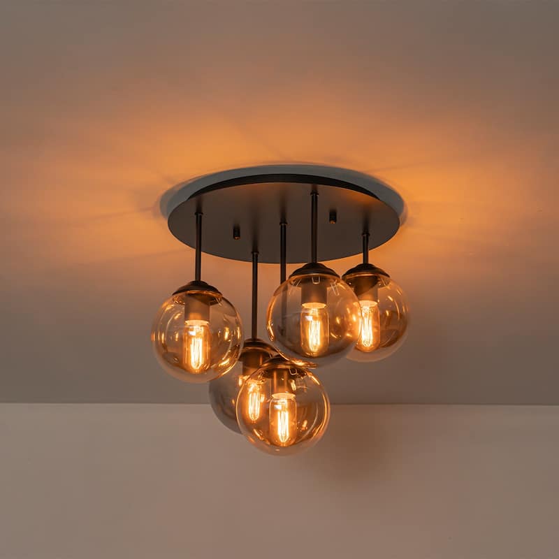 5 Lights Semi-Flush Mount Ceiling Light Smoky Gray&Amber Glass Globes - Dia.17.32-in