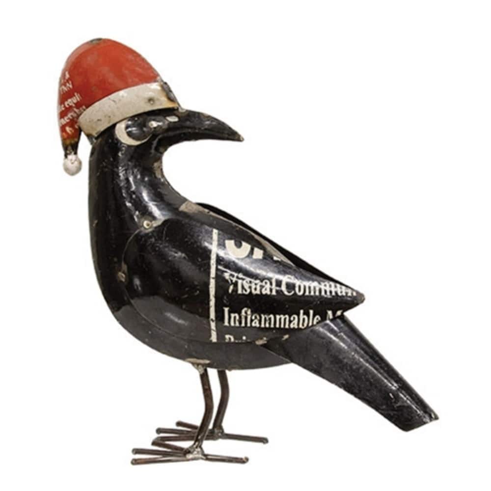 Black Metal Santa Hat Crow Figurine with Patchwork Design and Rustic Finish - 12 x 3 x 10.50 in