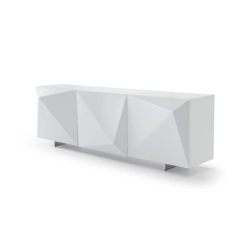 HomeRoots 87" White Wood Carved Geometric Sideboard With Three Doors - 87.00 in. x 29.00 in. x 20.00 in.