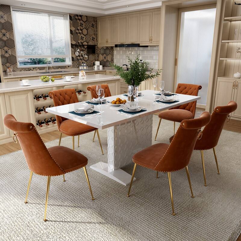 7-Piece Clihome High-gloss Extendable Table Velvet Chair Dining Set - Coffee