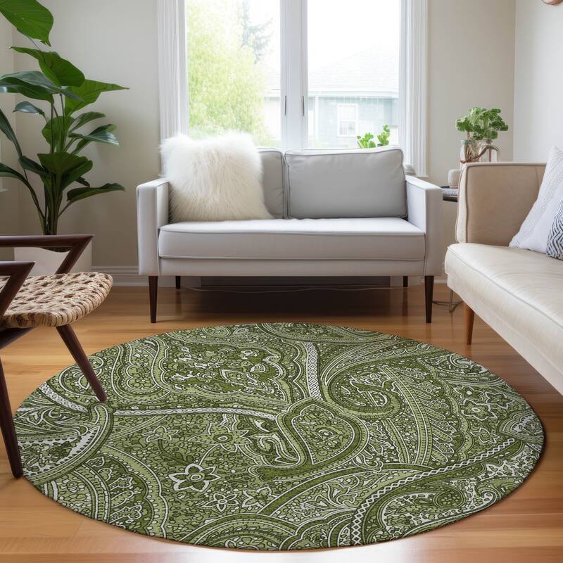 Machine Washable Indoor/ Outdoor Chantille Traditional Paisley Rug - Green - 8' x 8'