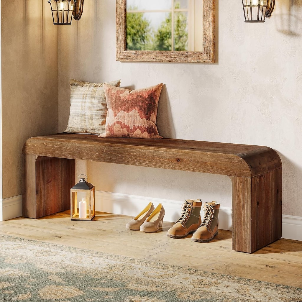 Solid Wood Dining Bench, 55" Wooden Entryway Bench with Thick Block Seat - 55.1" W x 13.8" D x 17.7" H