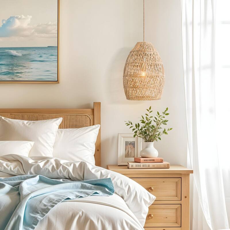 Callie Rattan Pendant Light - Natural Bell 1-Light Handwoven Ceiling Light For Modern, Transitional, Farmhouse Room Decor