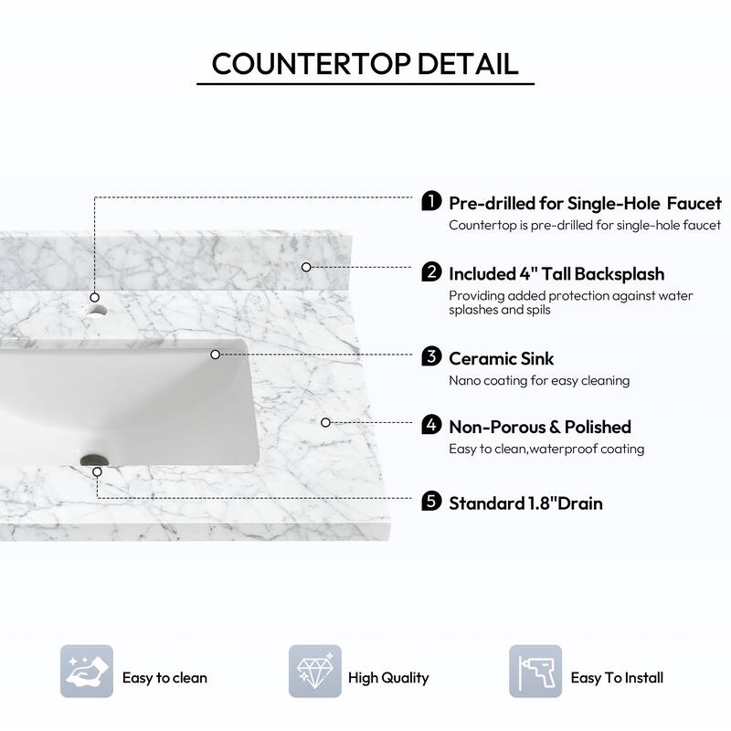 Zevio Natural Marble Vanity Top in Carrara White with Ceramic Sink