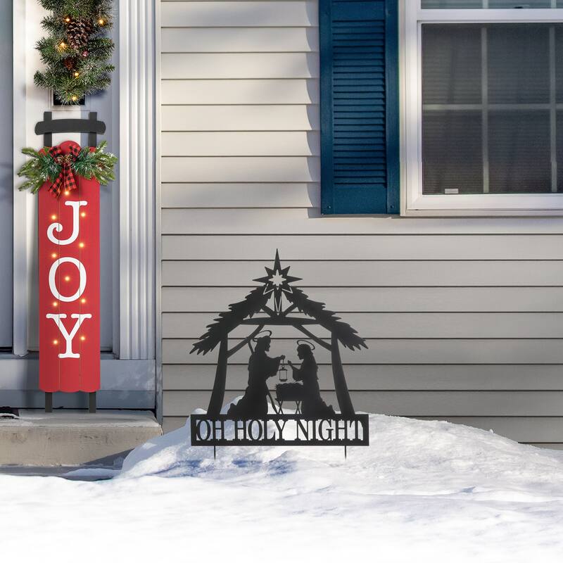 Glitzhome Christmas Metal Silhouette Nativity Waterglobe with Reindeer Yard Stakes Wall Decor - "ON HOLY NIGHT"