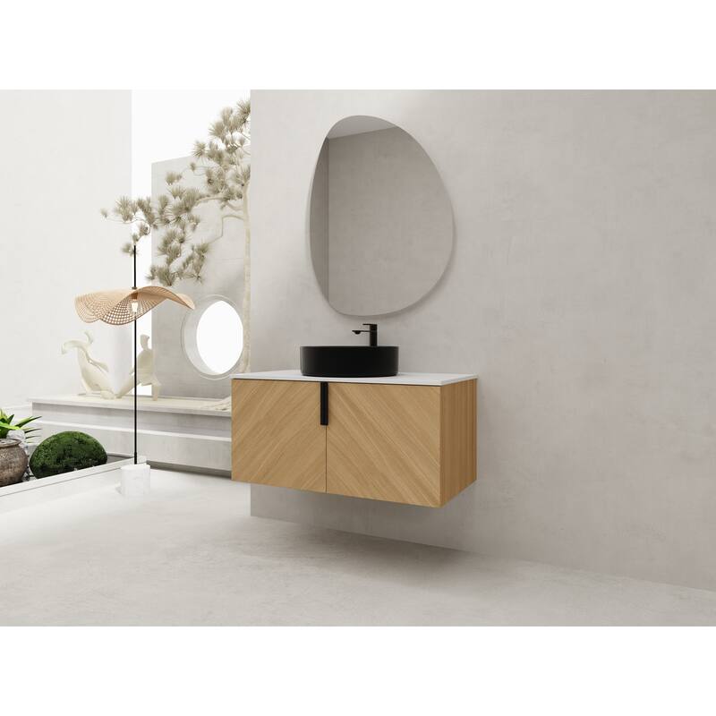 36" Wall-Mounted Bathroom Vanity With Ceramic Art Sink, and Storage Shelves, Soft-Close Door, KD-Packing, Plywood