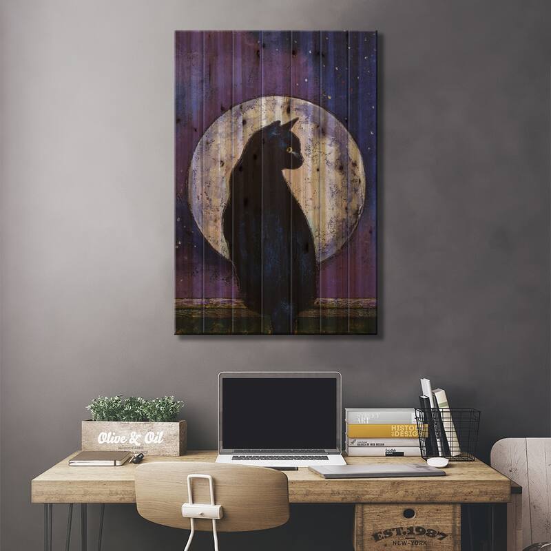 Black Cat Moonlight Print On Wood by Michael Creese - Multi-Color