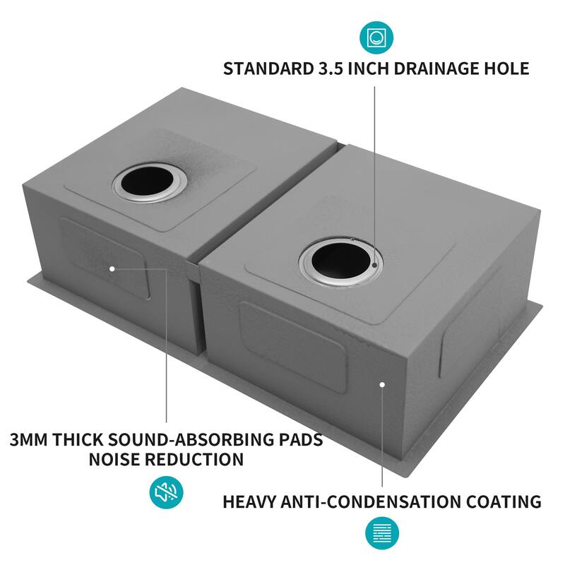 32 Inch Undermount Double Bowl 16 Gauge Stainless Steel Kitchen Sink in Brushed Nickel - 32'' x 18'' x 9''