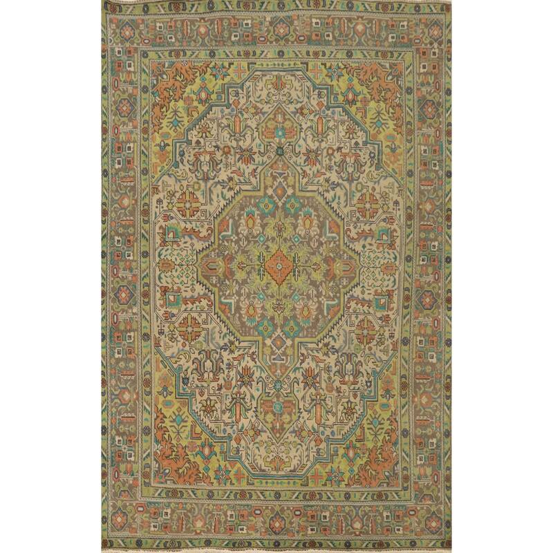 Hand Knotted Oriental 100% Wool Carpet Traditional Floral Beige & Ivories Tabriz Area Rug - 9' 4'' X 6' 4''
