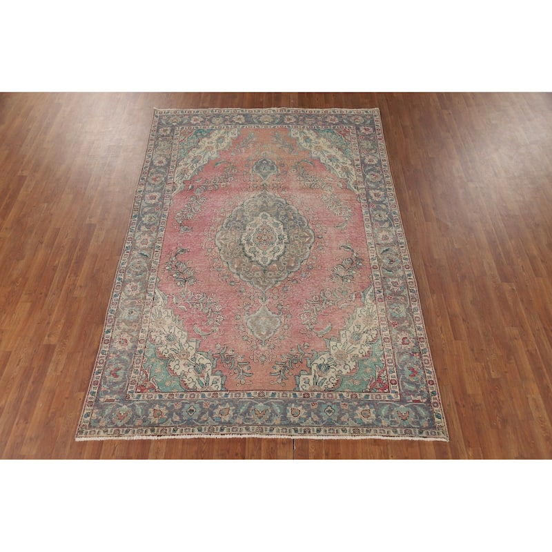 Distressed Tabriz Vintage Persian Area Rug Handmade Wool Carpet - 6'8" x 9'10"