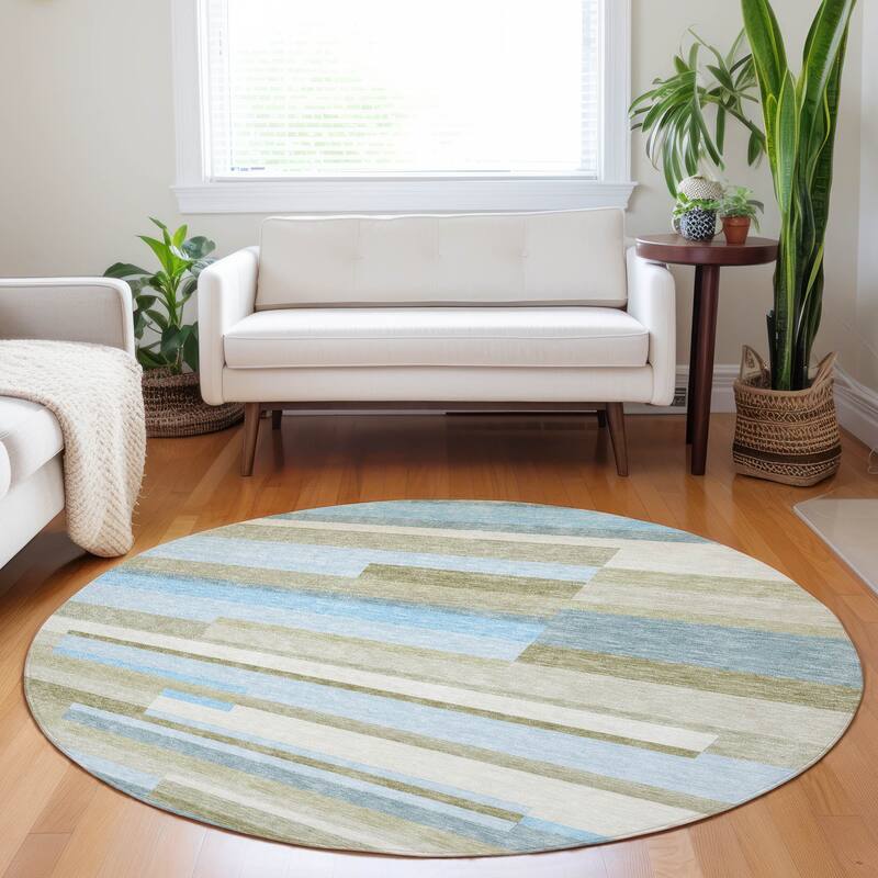 Premium Washable Super Soft Stripes Stacked Mayfield Rug - Sky - 8' x 8' - Round
