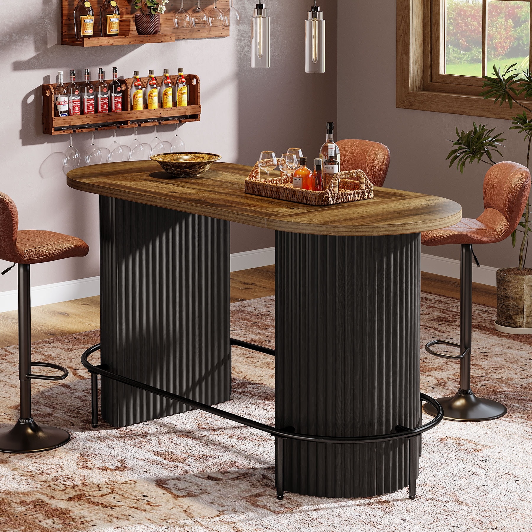 Modern Industrial Oval Bar Table, Counter Height Pub Dining Table with Footrest