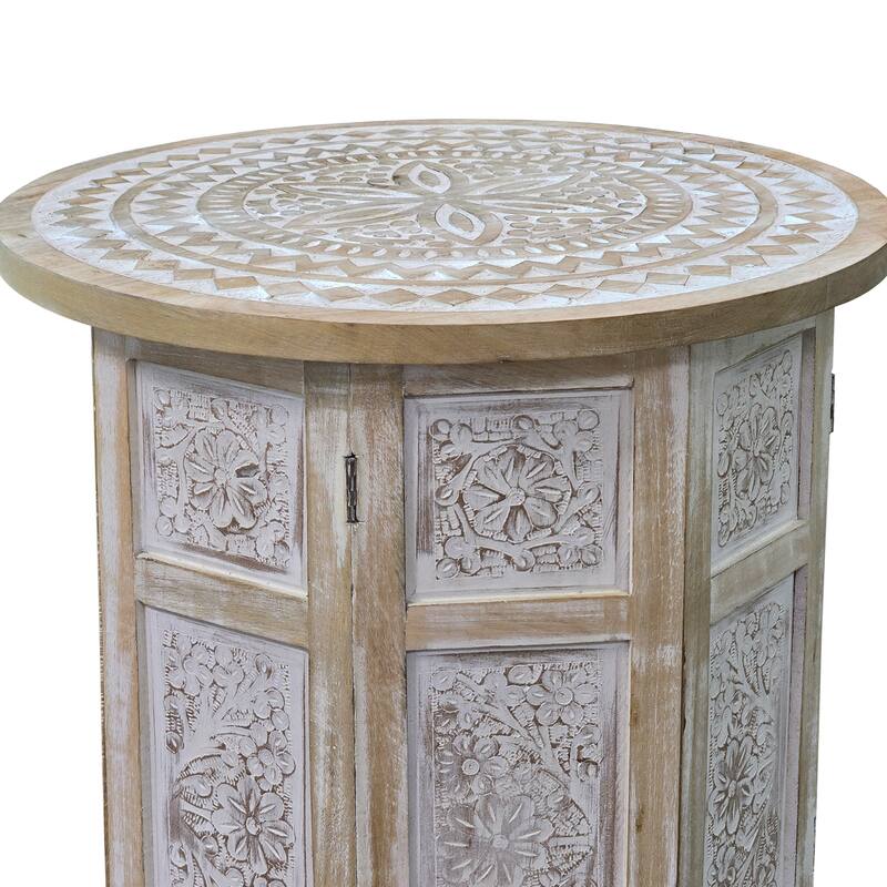 Accent Side Table, Mango Wood 18 Inch Round Top, Hand Carved Inlay Mandala Design, Washed White