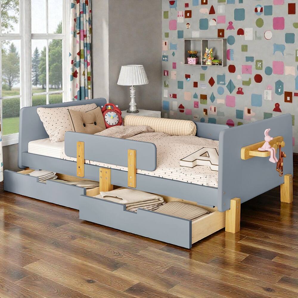 Twin/Full Wood Platform Bed with Storage Drawers, Guardrail, Shelf & Hooks, Solid Wood Frame, No Box Spring Needed