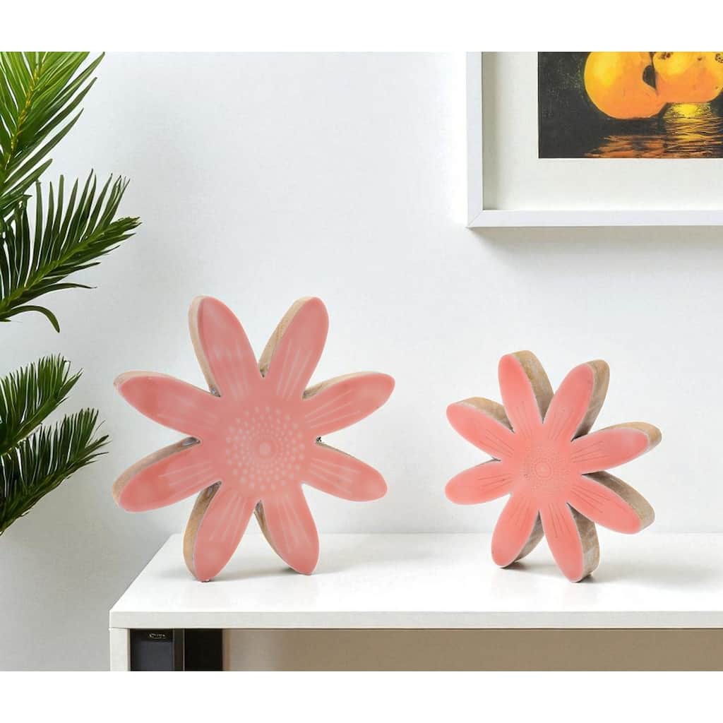 HomeRoots Set of Two Pink Wood Flowers Tabletop Sculptures - 7.50 in. x 7.50 in. x 1.00 in.