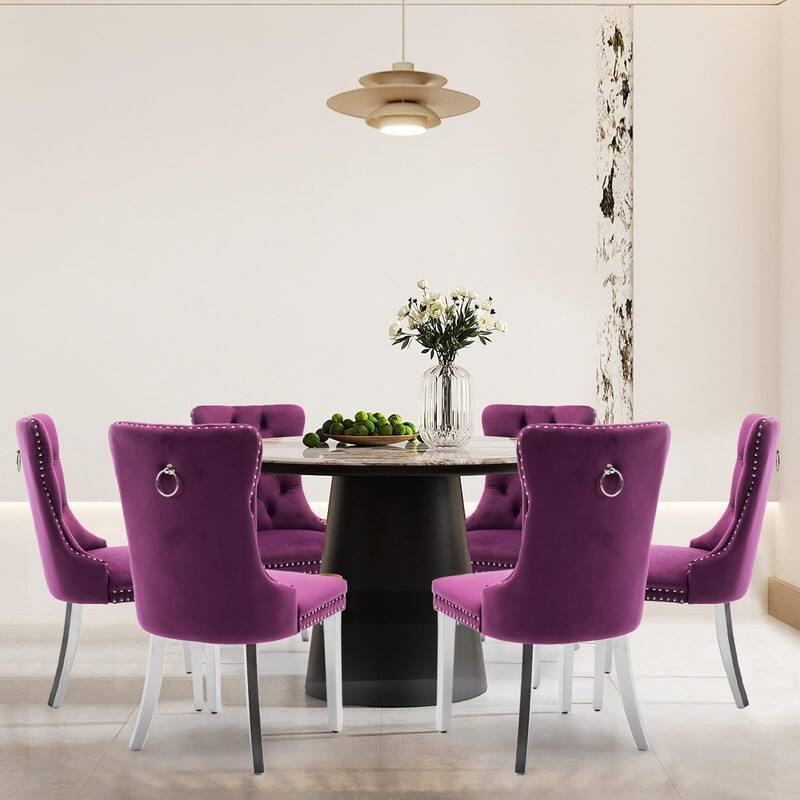 Tufted Naliheads Solid Wood Upholstered Dining Chairs Set of 6 - Purple SliverLegs