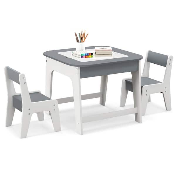 slide 2 of 9, Gymax 3-in-1 Kids Wooden Table & 2 Chairs Set w/ Storage Detachable Grey