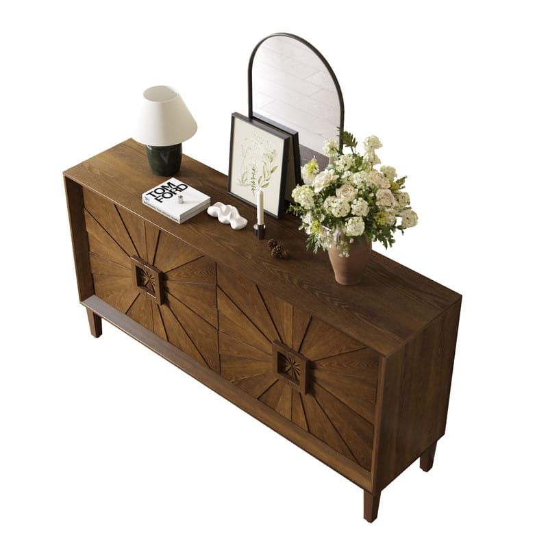 Rustic Farmhouse 59.8" Credenza, Durable Antique Wood Storage Unit for Living Room or Kitchen Use