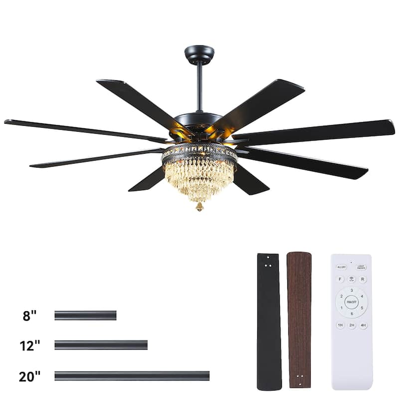 72" Crystal Ceiling Fan Fandelier with Lights and Remote Noiseless DC Motor, Retro/Farmhouse Lighting - 72 Inches - Black